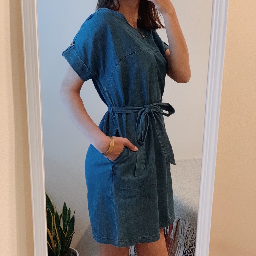 mo:vint denim belted tunic dress